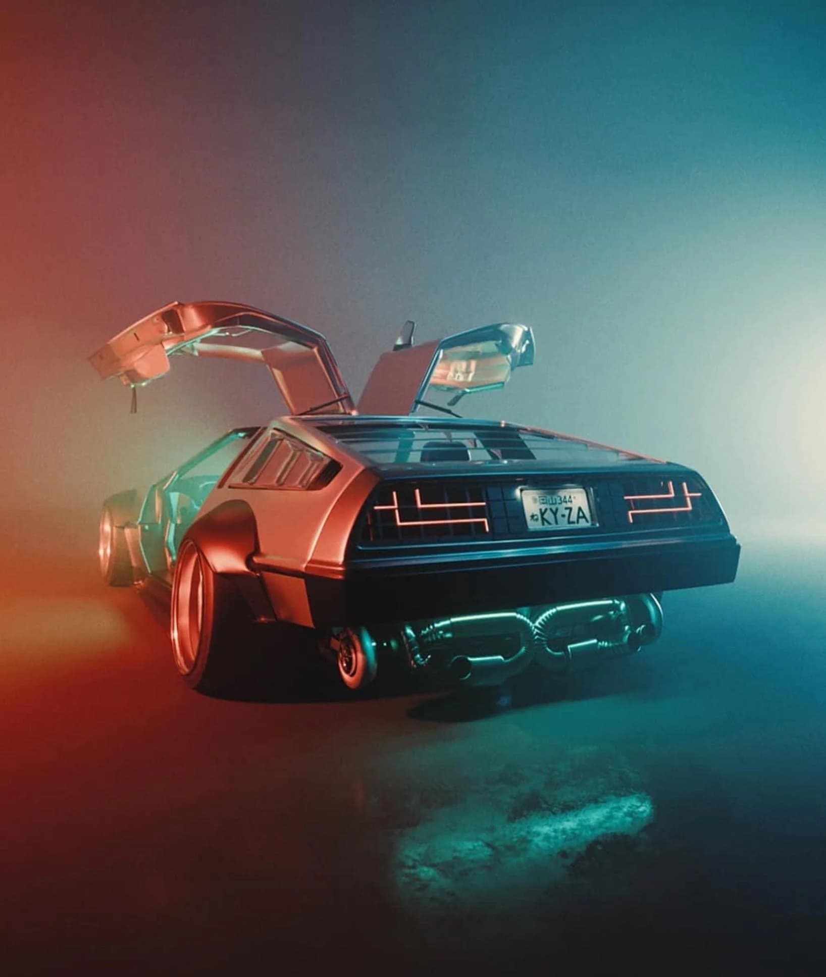 A dramatic collector vehicle photographed in a cinematic black setting.